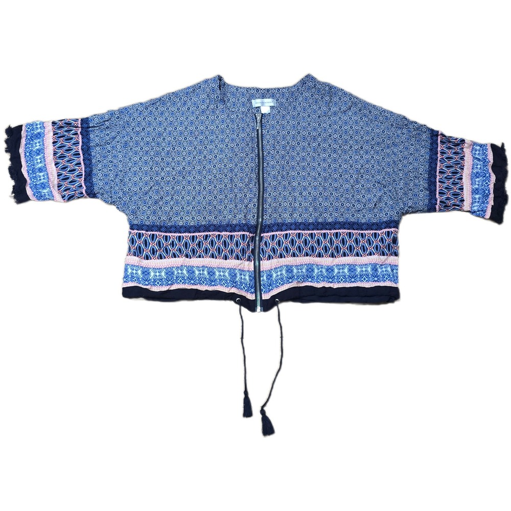 Christopher & Banks Womens Large Blue Pink Tile Print Zip Front Cropped Jacket